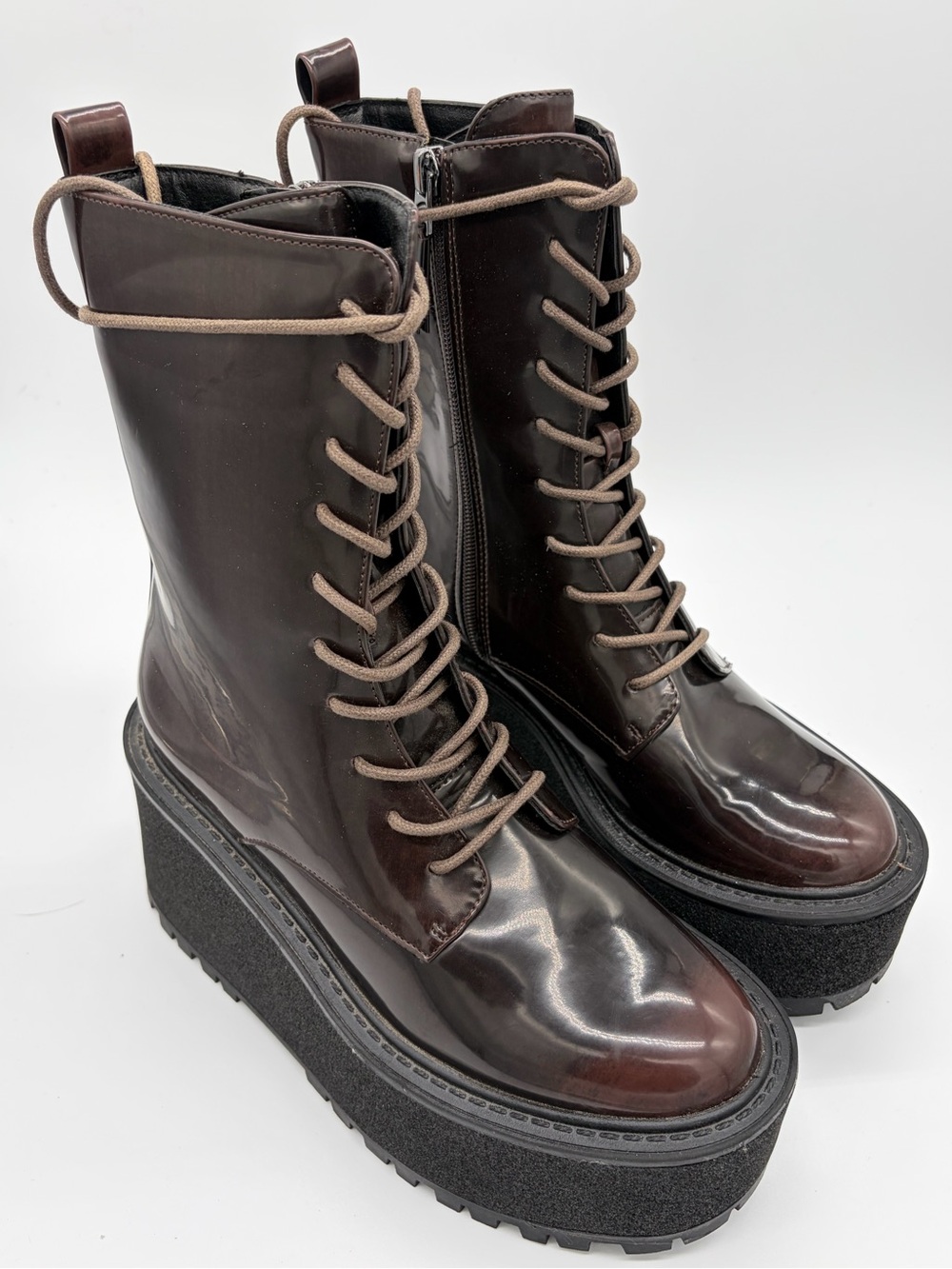 Circus by Sam Edelman Brown Patent Platform Lace-Up Boots